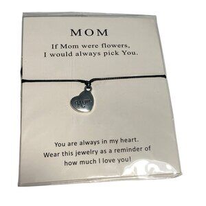 Mom Heart Charm Bracelet On Black Cord With Sentimental Quote Card Pendant